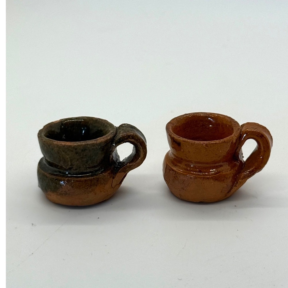 VTG Pair of 2‎ Terracotta Mug Set .5" x .75" Brown Glazed Rustic Artisan Pottery
